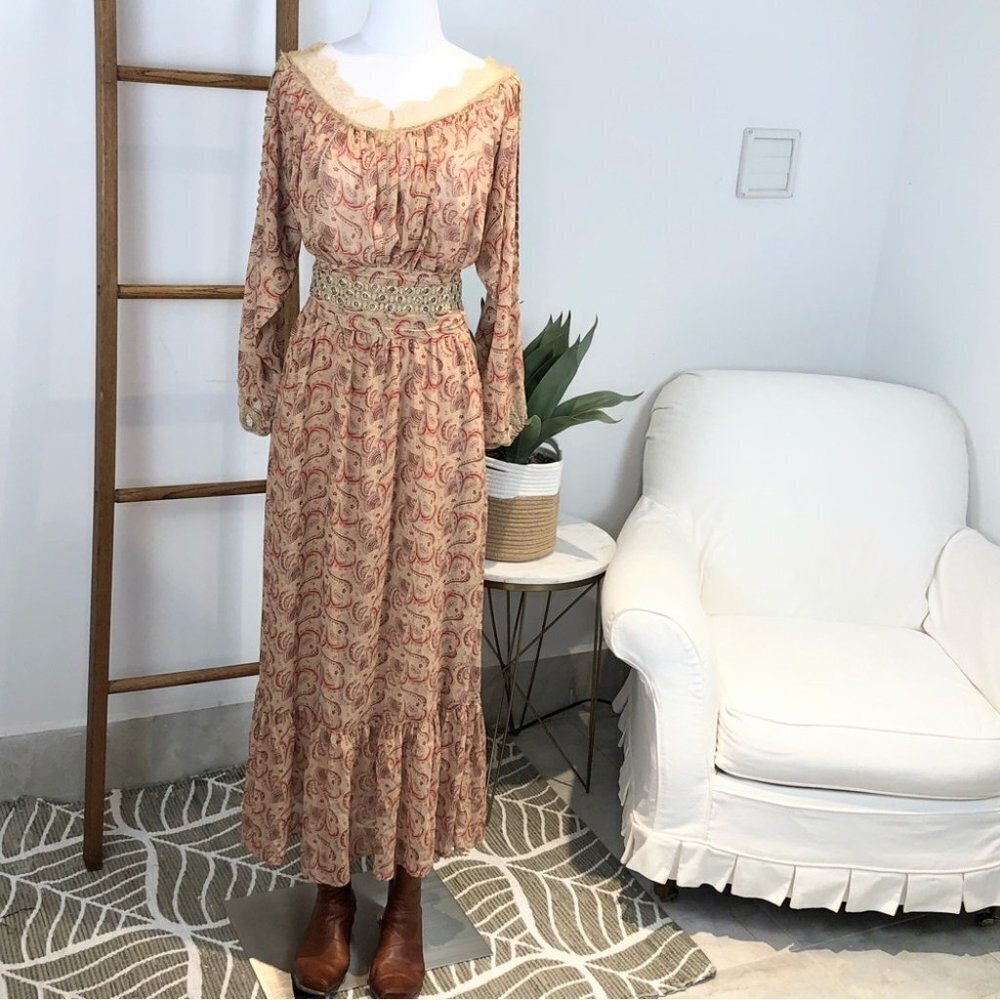 𝅺the Kooples tan paisley maxi prairie dress size S